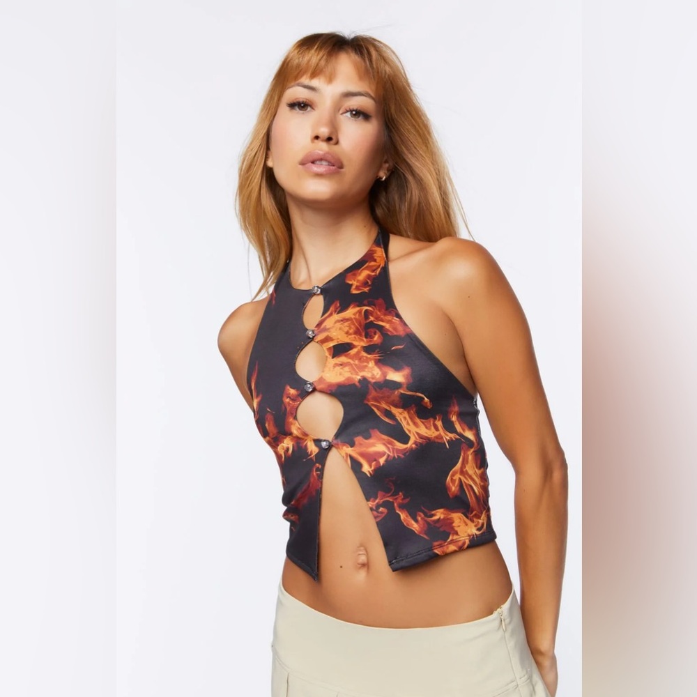 F21 Flame Cropped Open Crystal Button Halter Top